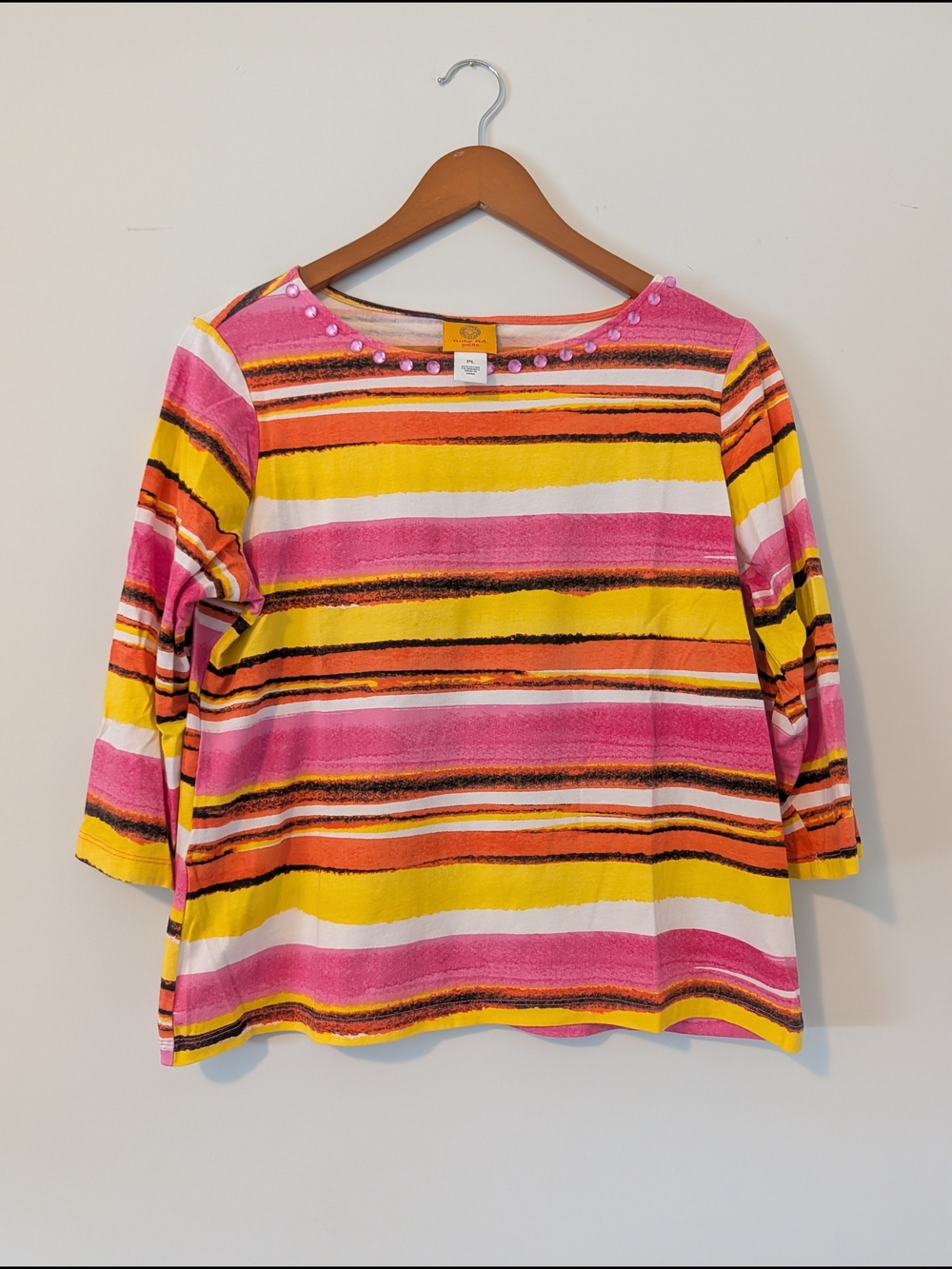 Ruby Rd. Pink, Yellow & White Striped Scoop Neck Long Sleeve Top
